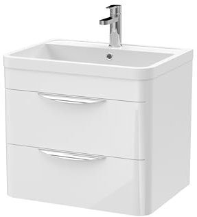 Balterley Vanity Unit with Basin Wall Hung, 2 Drawer Soft Close with Rectangular Sink and Handles, Bathroom Vanity Units with Basin, Bathroom Sink Storage Cabinet - 610 x 450 x 540mm (White)