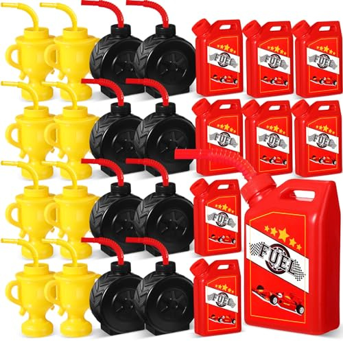 Mifoci 24 Pcs Race Car Cups with Straws, Trophy Tire Fuel for Kids Birthday | Plastic Cups Set, Fuel Can Trophy Tire Shapes, Construction Racing Theme, Reusable with Straws, Decoration Favor Supplies