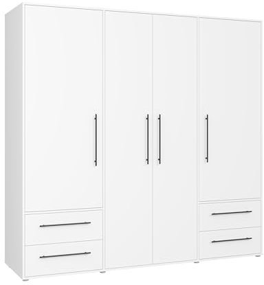 FORTE Jupiter Schrank 200 210, weißer Kleiderschrank, Drehtürenschrank, 3-türig, mit 2 Schubladen und Einlegeböden, Weiß, 206 cm breit x 59 cm tief x 200 cm hoch