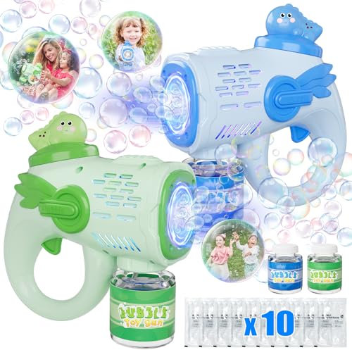 Bubble Gun Machine for Toddlers, 2 Pack Easter Gifts for Kids Bubble Maker Blower Automatic Light-up with 10 Bags Bubble Solution for 3-12 Years Old Boys Girls Easter Basket Stuffers Outdoor Toys