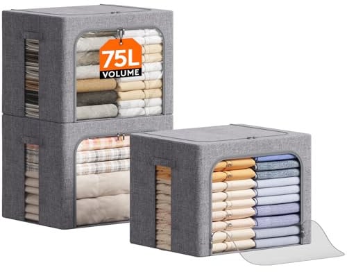 Lifewit 75L Aufbewahrungsbox mit Deckel, Kleidung Aufbewahrung, Faltbare Kleideraufbewahrung mit Metallrahmen, Stoffbox mit Griffen & Fenster, Aufbewahrung Kleiderschrank, 3er Set, Hellgrau
