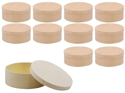 Ledacolor Spandose mit Deckel | Rund Ø 14 cm | Set 10 Stück | Unbehandelte Holzbox zum verzieren | Schmuckdose