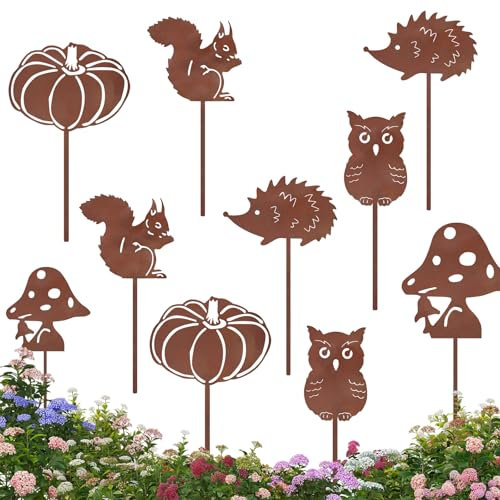 HUIKUANGEU Piquet De Jardin en Métal Rouillé,10 Pièces Rouille Naturelle,Métal Rouillé Jardin Yard Art,Décoration de Jardin,Champignon Rouillé,Decoration Jardin Exterieur Metal,Décoration d'automne.