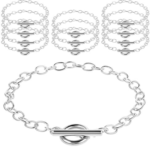 Prasacco 12 Pack Bracelet Chains for Jewelry Making, Chain Bracelet for Women Girls, Link Chain Bracelets with OT Toggle Clasp, Charm Bracelets for Jewelry Making, Silver