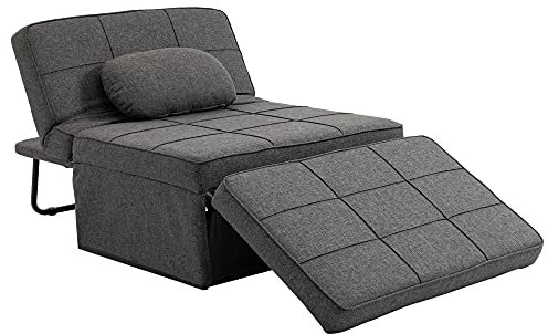 HOMCOM Sgabello Letto 4 in 1, Poltrona Letto Singolo Regolabile in 5 Posizioni con Cuscino, Pouf Imbottito in Tessuto Effetto Lino con Struttura in Metallo per Camera da Letto e Soggiorno, Grigio