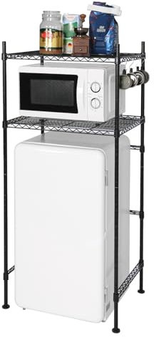 LUCKUP Mini Fridge Shelf 2-Tier Height Adjustable Mini Fridge Stand with Storage for Dorm Space Saving, Metal Microwave Organizer Shelf for Kitchen Room Apartment, Black