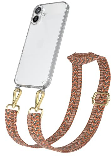 EAZY CASE Handykette - Verstellbares Taschenband kompatibel mit iPhone 16 Plus, Schulterriemen, Handykordel mit Silikon Hülle, Umhängetasche, Orange Grün Gold