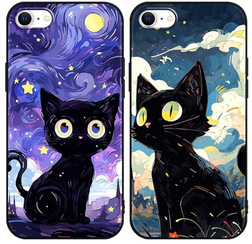 Yimctoie 2 Stück Handyhülle für iPhone 7/8/SE 2020/SE 2022 Hülle 4,7,Cute Anime Katze Sternenhimmel Aesthetic Case,Schwarz Cat Cartoon Ästhetik Starry Night Schutzhülle Silikon TPU Stoßfeste Cover