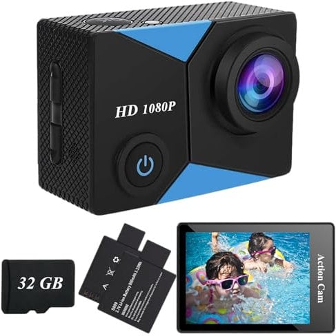 Cámara Deportiva 1080P Avec Carte Mémoire 32GB, 12MP Cámara de Acción con Gran Angula Lente, Cámara Subacuática Impermeable 30M/98FT con 2 Baterías y Accesorios Kit para Casco y Bicicleta, etc. 