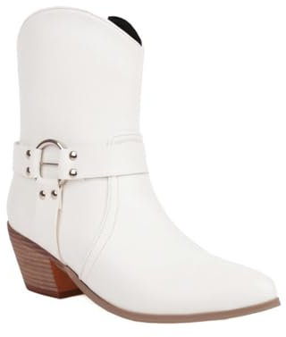 FQMAYPO Donna Stivaletti in Pelle Punta Affilata Stivali Western Cowboy Polpaccio Largo Cerniera Laterale Stivali Retro Tacco Medio Chunky Fibbia Stivali Invernali per Camminare,Bianca,38 EU