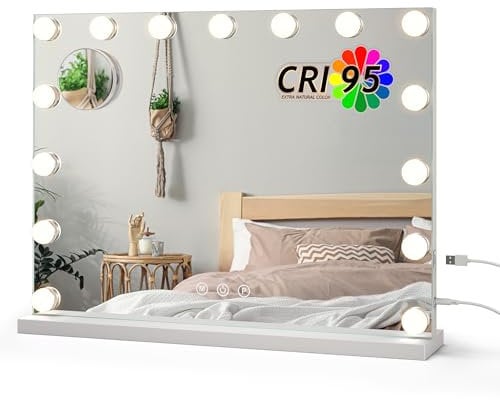 ledscom.de LED Schminkspiegel mit Beleuchtung, HOLLYWOOD Spiegel, 58x45cm, USB, 3 Lichtfarben, dimmbar, RA 95, weiß, 15 LEDs