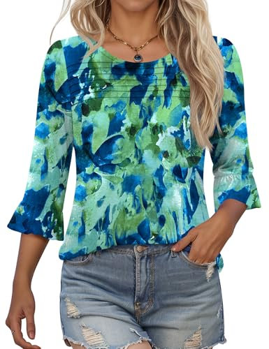 Kistore Spring Ruffle 3/4 Sleeve T Shirts for Women UK Crew Neck Tunic Tops Pleated Printed 2025 Fashion Casual Blouses L