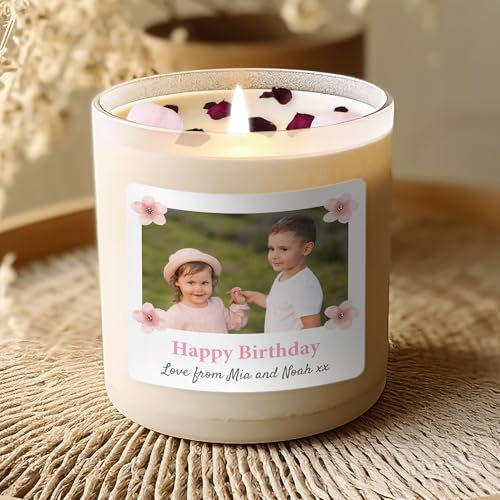 Personalised Birthday Candle for Her – Cherry Blossom Scented with Rose Petals & Rose Quartz – Upload Photo & Message – 8oz Soy Candle in Gift Box – Happy Birthday Gift for Women
