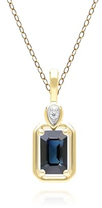 Gemondo Klassische Saphir Baguette und Diamant Halskette mit Anhänger aus 9 Karat Gelbgold