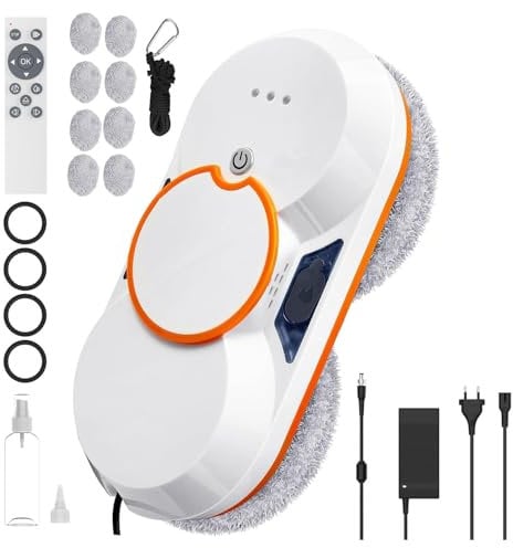 Robot Glass Cleaner, 5600 Pa Suction, Automatic Window Cleaner, Security System, Intelligent Navigation, Remote Controlled, for All Smooth Surfaces, with 10 Cloths (A-)