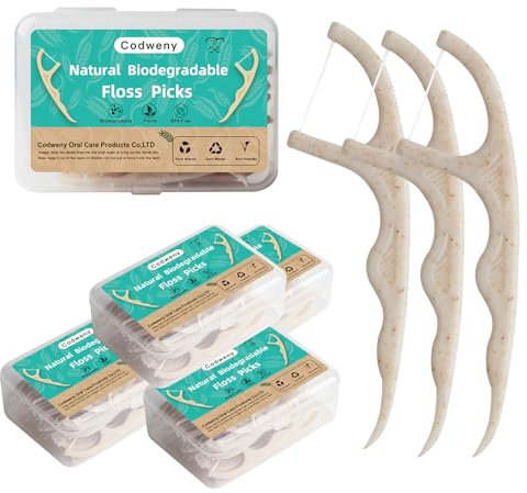 Wheat Straw Biodegradable Dental Floss Picks,200 Counts Natural Handle Tooth Flossers Sticks Oral Care,Keep Clean with 4 Travel Handy Cases