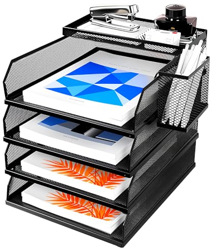 Vurixfo 4 Tier Letter Trays, Stackable Desk Organiser File Holder Metal Mesh A4 Paper Desktop Filing Tray Magazine File Racks with Pen Holder and Top Storage Tray for Home Office Supplies, Black