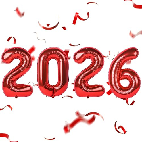 Silvester Deko Luftballon Zahlen 2026, 2026 Ballons Rot, 32 Zoll Happy New Year Folienballon, Luftballons 2026 Neujahr Silvesterdeko, für Neujahr Silvester Party Deco