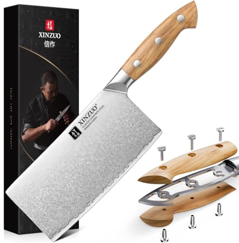 XINZUO 18cm Verbundstahl Hackmesser, Profi Chinesisches Kochmesser Handgeschmiedet Multifunktions Chefmesser Hackbeil 10Cr15CoMoV-Stahlkern, zum Schneiden von Gemüse und Fleisch-Griff aus Olivenholz