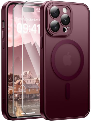 Opkiegrn für iPhone 14 Pro Hülle, Kompatibel mit MagSafe, Matt Weinrot | Mit 2 Panzer-Schutzfolien, vollständiger Kameraschutz, Stoßfest, Kratzfest, Transluzente Matte Rückseite
