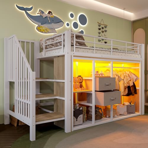OKMYHOME Hochbett 90 x 200 cm mit LED & Stauraum, multifunktionales Kinderbett mit Treppe, Schränken und Schubladen, robuster Metallbettrahmen, ohne Matratze, Weiß