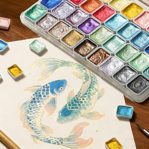 Metallic Watercolor Painting Set, 48 Color Shifting Glitter Watercolour Solid Paint Box, Shimmer Travel Watercolour Set with Pen,Soluble and Mix Well Watercolour Paint for Kids, Beginner&Professional