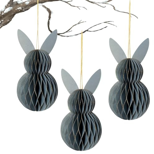 XQMMGO 3 Stück Osterdeko Wabenhase Set, Osterhase Wabenball zum Aufhängen 20cm, Wiederverwendbar Osterdekoration, 3D Hase Wabenbälle, für Osterstrauch, Wabenfigur Frühlingsdeko (Grau)