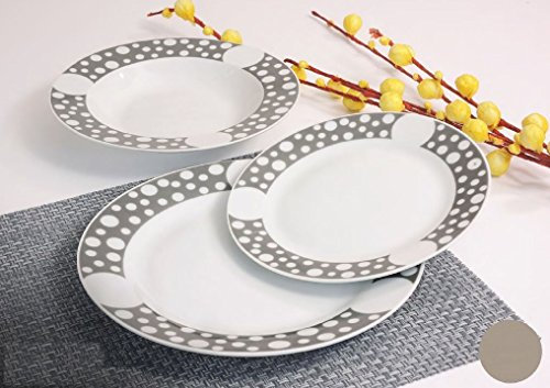 Albalù Italia Servizio Piatti Micro Pois Bianchi con Bordo Grigio Servizio per 6 Persone in Porcellana: 18 Pezzi (6 Piatti Fondi, 6 Piatti Piani, 6 Piatti Frutta)