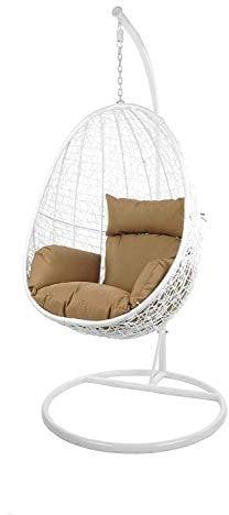 Kideo Swing Chair, Lounge-Möbel, Loungesessel Polyrattan, Hängestuhl, Hängesessel mit Gestell & Kissen (weiß/braun)