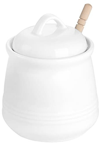 HAOTOP Honigtopf aus Keramik mit Deckel und Honiglöffel, Porzellan, leicht zu reinigen und spülmaschinenfest, 340 ml, Weiß