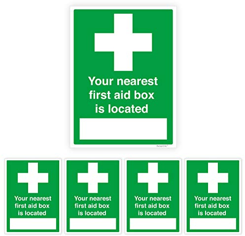Pack of 5 First Aid Sticker Sign (150 x 200 mm) Self adhesive Waterproof First Aid Kit Vinyl for Hospitals Safty Signs Stickers Sara Prints®