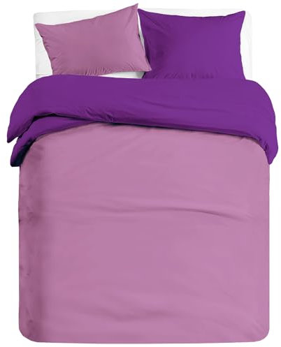 Banzaii Set Copripiumino Bicolor 100% Microfibra con Federa Double Face, 2 pezzi, Una Piazza e Mezza 200x200 cm Lilla/Melanzana