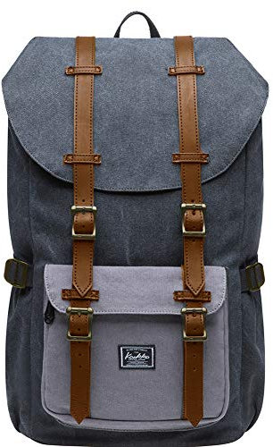KAUKKO Vintage Canvas Rucksack Damen Herren Baumwolle Daypack mit Laptopfach für 14 Zoll Notebook für Schule, Uni, Reisen, Wandern, 22L, (Schwarz n grau[E5])