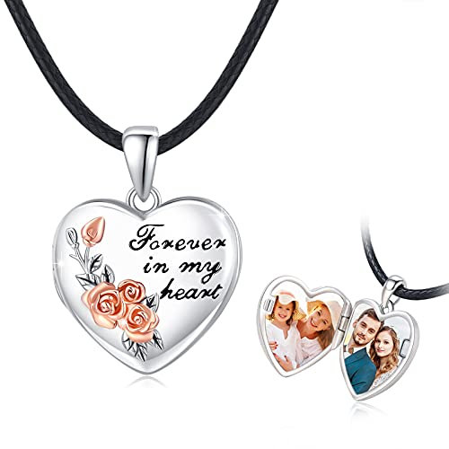 CUOKA MIRACLE Foto Herz Medaillon Kette 925 Sterling Silber Rose Blume Amulett Foto Medaillon Anhänger Halskette Photo Locket Kette für Mutter Paar Mädchen