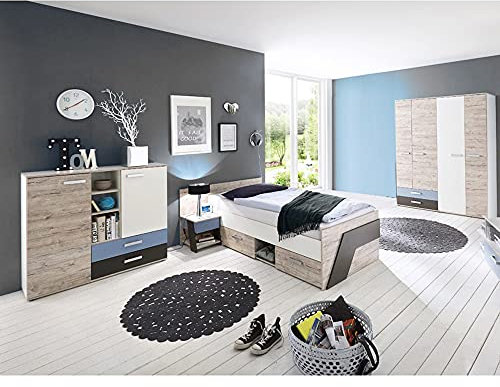 Lomadox Jugendzimmer Kinderzimmer Komplett Set, Sandeiche mit weiß, Lava blau, 90x200 Bett, Kleiderschrank, Nachttisch
