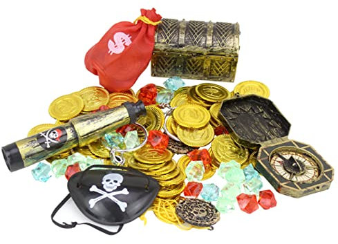 LAPONO Schätze für Schatzsuche Spielzeugset Weihnachtsfeier Piraten Goldmünze Spielzeugkiste mit Schloss enthält Kompass Piraten Augenklappe Goldmünzen Schmucksteine usw Piraten Thema Party Gefallen