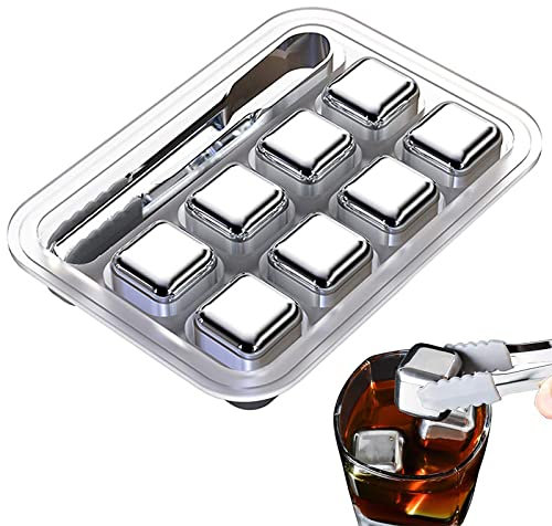 Stainless Steel Whiskey Stones Luxury Gift Set, Reusable Ice Cubes with Barman Tongs and Freezer Tray
