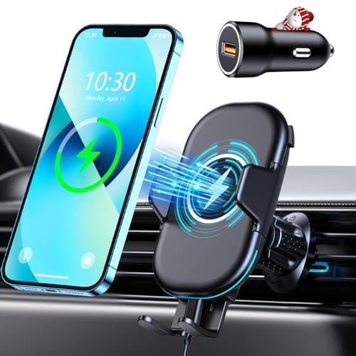 Mohard Wireless Car Charger Mount with QC 3.0 Charger Adapter, Max 15W Qi Fast Charging Car Mount, 360° Rotation Air Vent Car Phone Holder Compatible with iPhone 16 Pro Max/15/14, Galaxy S25 Ultra/S24