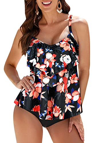 WIN.MAX Femmes Tankini Maillots de Bain Ensembles Taille Haute à Volants Volant 2 pièces Bikini Ensemble Maillot de Bain Grande Taille(Fleur de Poirier,EU40)
