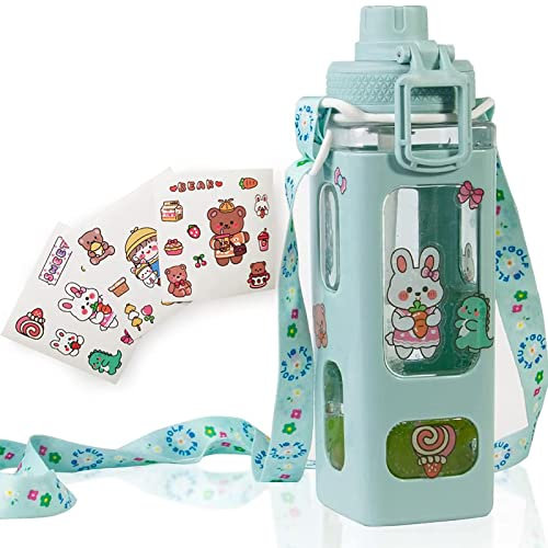 ZRHXG Kawaii Botella de agua cuadrada, de plástico, con pajita y correa para el hombro, botella de agua, jarra de agua portátil a prueba de fugas, para niñas bonitas, escuela (verde-700 ml)