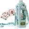 ZRHXG Kawaii Botella de agua cuadrada, de plástico, con pajita y correa para el hombro, botella de agua, jarra de agua portátil a prueba de fugas, para niñas bonitas, escuela (verde-700 ml)