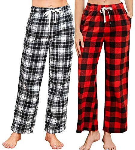 U2SKIIN Pyjamahose Damen lang kariert Schlafhose Schlafanzughosen für Damen Fleece Pyjama Hosen Nachtwäsche Freizeithose mit Taschen (Büffel Karo Rot+Weiß Schwarz Kariert, S)