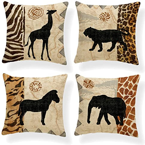 OCEUMACO Leinen Kissenbezug 40x40 Afrika Tiere Kissenhülle 4er Set Quadratisch Sofakissen Dekokissen Bezug für Couch Elefant Zebra Kissen Kissenbezüge Outdoor Deko Couchkissen Zierkissen - Braun