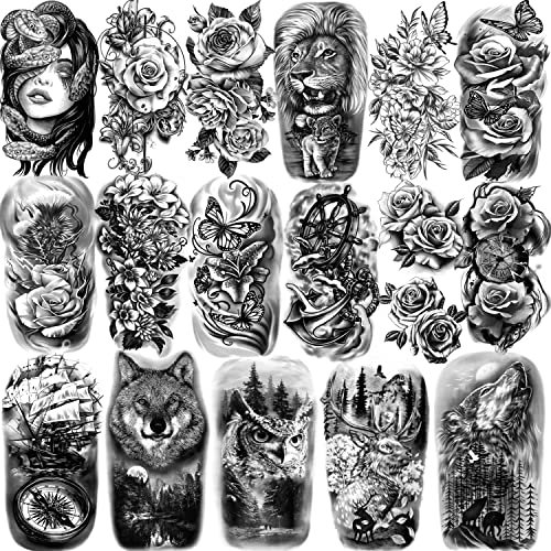 77 Blätter Temporäre Tattoos für Männer Frauen und Kinder, Halber Arm Löwe Wolf Eule Elch Schlange Rose, Realistisch Gefälschte Aufkleber Wasserdicht für Erwachsene Unterarm Schulter Nacken