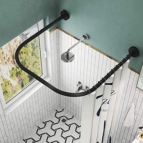 Gebogene Duschvorhangstange U Form Ohne Bohren,duschvorhangstange Eck Badewanne Bogenstange Teleskop Aus Edelstahl Eckduschstange, Edelstahl Teleskopstange Eckduschsta(Size:90x90x90cm,Color:Schwarz)