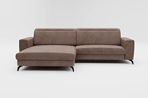 CAVADORE Ecksofa Bounce in Vintage-Leder-Optik / Eckcouch mit Longchair + mattschwarzen Metallfüßen / 290 x 88 x 178 / Mikrofaser, Graubraun