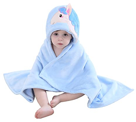 Doladola Baby Decke Babys Tier Design，Flanell Kinder Decke Kapuzenhandtuch für Mädchen und Jungen，Baby Kapuze ​Badeponcho Kinder Warm（blaues Pferd）