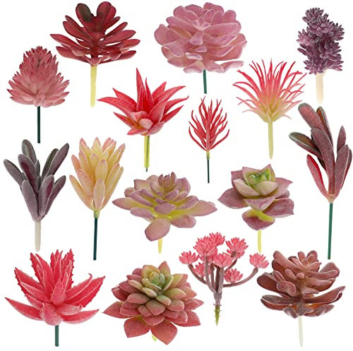 Augshy Sukkulenten Pflanzen Künstlich, 16 Stück Gefälschte Pflanzen Mini Künstliche Sukkulenten Pflanzen zum Basteln, Sortiment in beflockten rosa Blumen Wohnzimmer Regale Schlafzimmer Dekoration