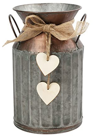PHILPETY Shabby Chic Classy Designed Brown Milk Can Heart-Shaped Galvanized Finish Metal Vase Country Rustic Primitive Decorative Flower Holder, 8.4 H