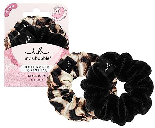 invisibobble Haargummi Schwarz & Leo Scrunchie The Iconic Beauties, 2x Haargummis starker Halt für Mädchen & Damen, Scrunchies Samt Schwarz, 2 Stück